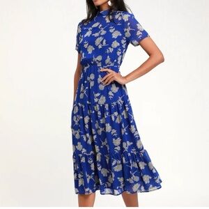 Lulus Floral Dressed Up Royal Blue Floral Print Midi Dress XXS